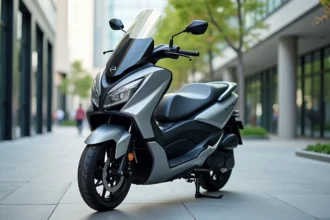 TMAX 750 2026 en coloris argent mat garé sur un boulevard urbain, vue 3/4 avant mettant en valeur son design premium