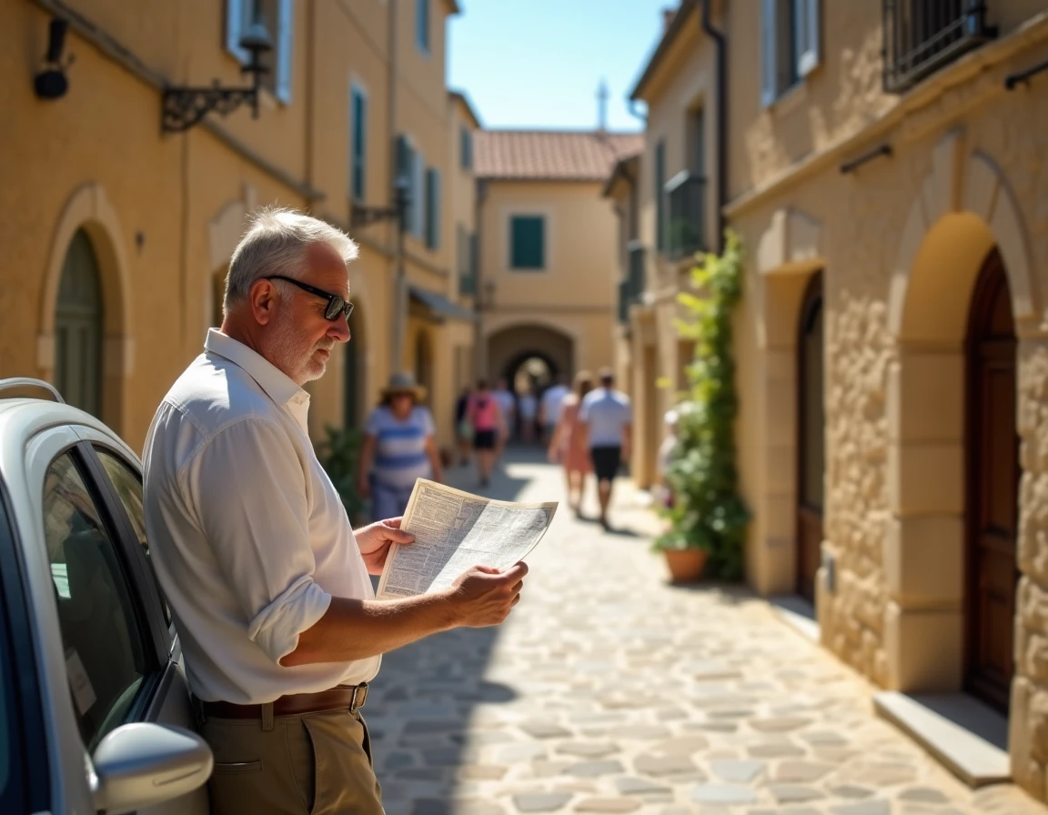Touriste consultant une carte à côté de sa voiture dans une ruelle pavée des Baux-de-Provence en pleine saison estivale