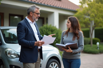 Homme en blazer discutant documents avec une femme devant une voiture