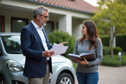 Homme en blazer discutant documents avec une femme devant une voiture
