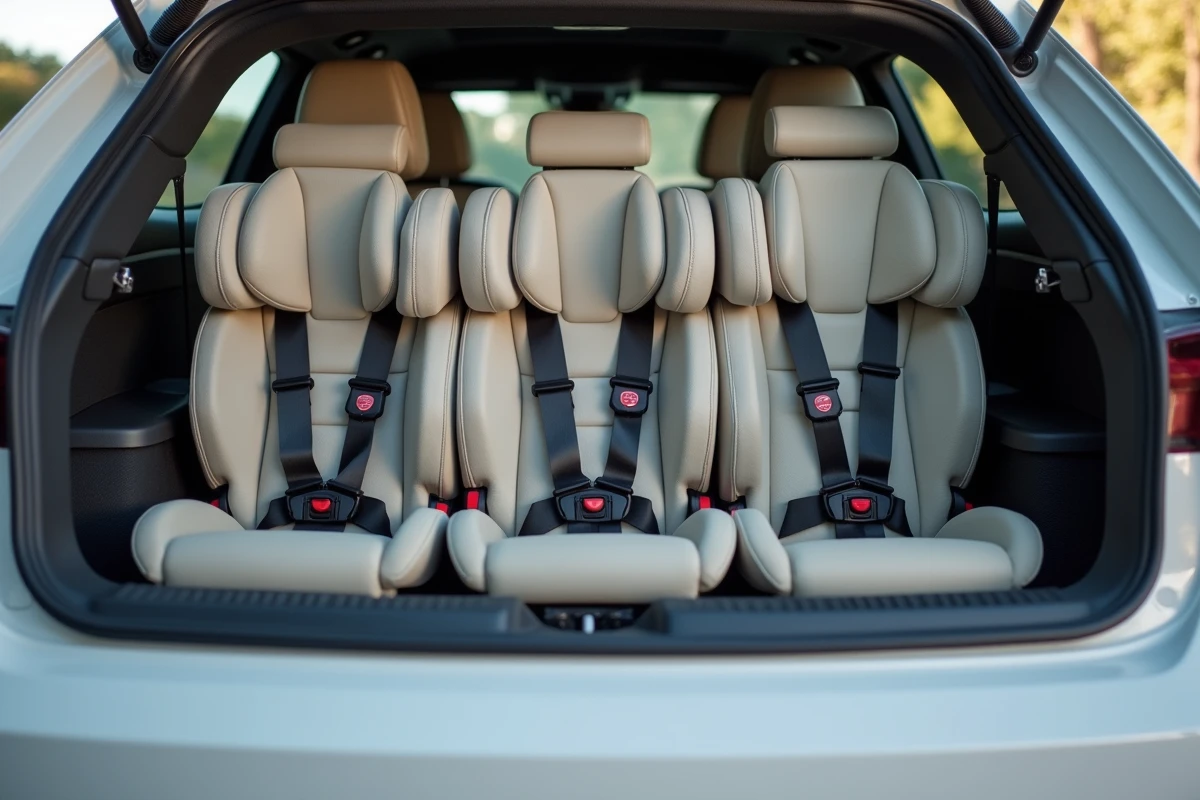 Trois sièges enfants réhausseurs installés sur la banquette arrière complète d'une Audi A3 Sportback vue depuis le coffre