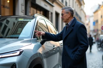 Homme examinant une voiture électrique chinoise en ville, évaluant ses caractéristiques de sécurité