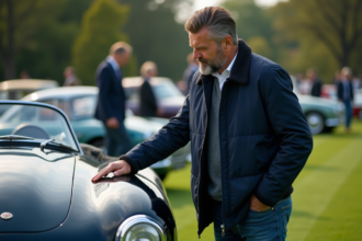 Homme passionne devant une voiture electrique vintage