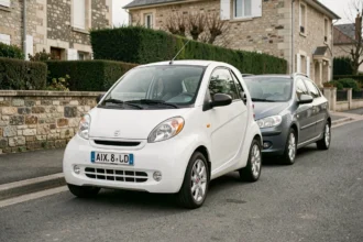 Voiture sans permis Aixam blanche garée dans une rue résidentielle française