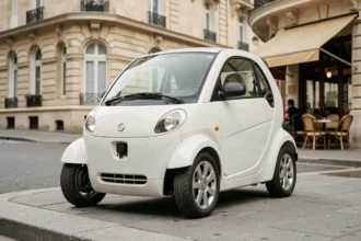 Voiture sans permis électrique Renault blanche garée sur un trottoir parisien avec façades haussmanniennes en arrière-plan