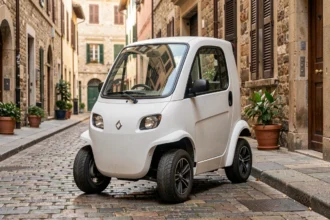Voiture sans permis électrique compacte garée sur une rue pavée européenne, vue 3/4 avant