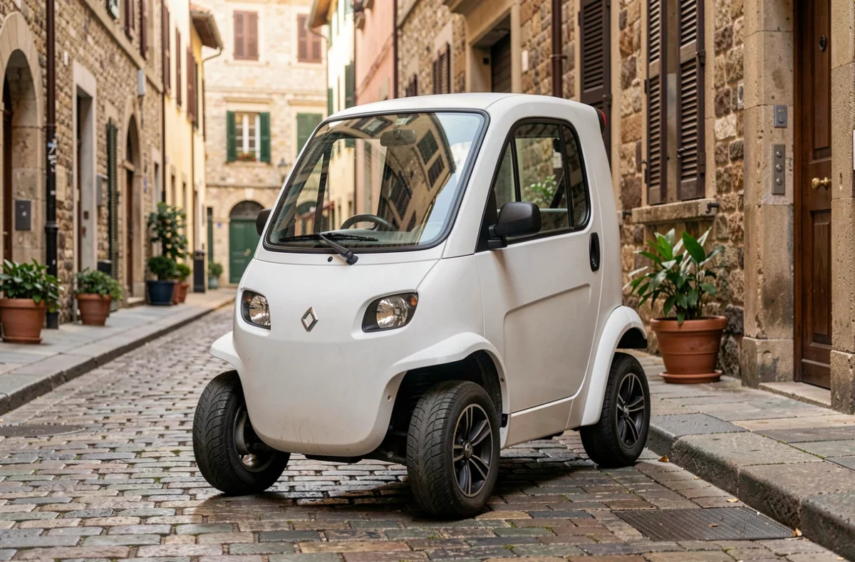 Voiture sans permis électrique compacte garée sur une rue pavée européenne, vue 3/4 avant