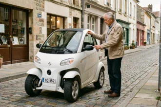 Homme inspectant une voiture sans permis d'occasion blanche garée dans une rue pavée à Auxerre