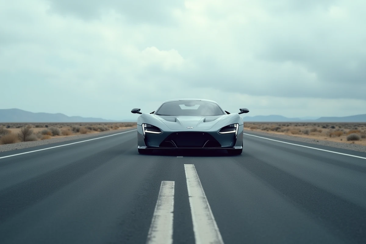 Voiture de sport sur autoroute en perspective grand angle illustrant la sensation de vitesse impressionnante à 290 km/h