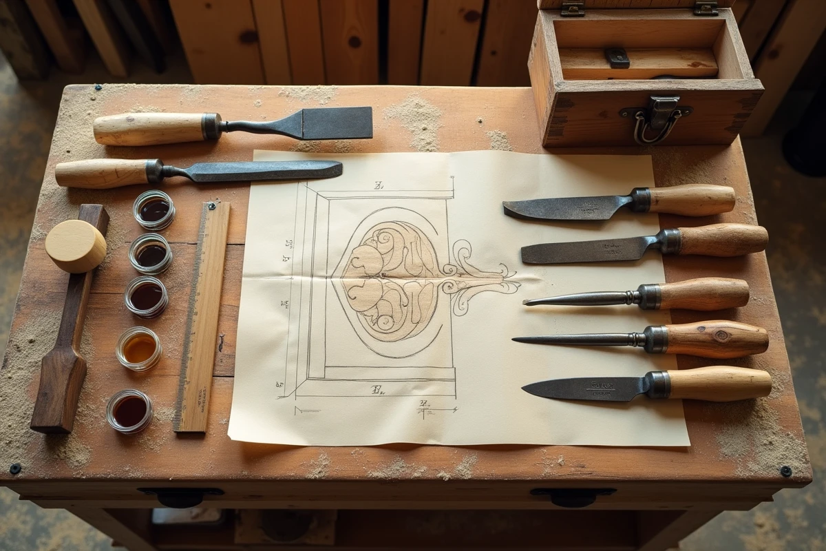 Vue aérienne d'un établi de menuisier avec outils traditionnels de boiserie, croquis et échantillons de teinture en atelier français