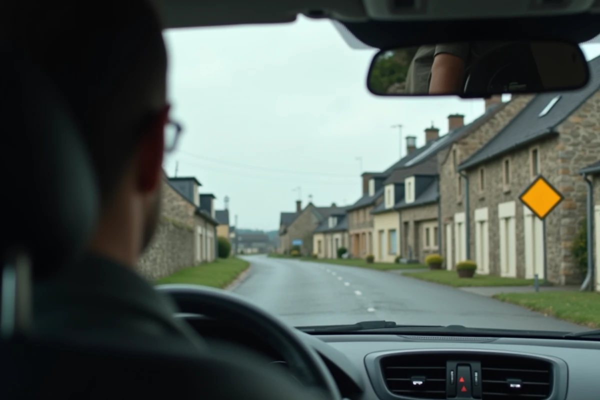 Vue depuis l'intérieur d'une voiture s'approchant d'un panneau losange jaune et blanc à l'entrée d'un village français