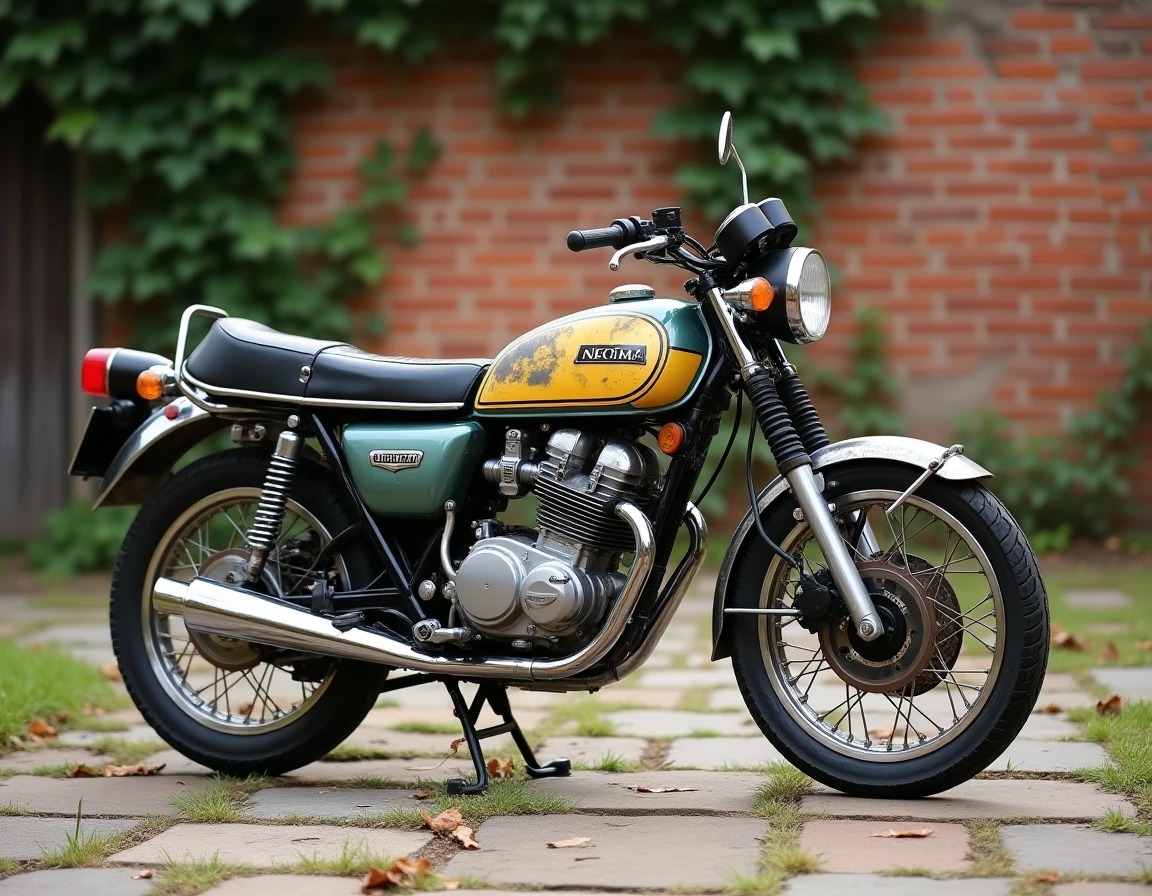 Yamaha RD350 d'occasion non restaurée dans un jardin, peinture d'origine patinée avec traces de rouille et selle craquelée