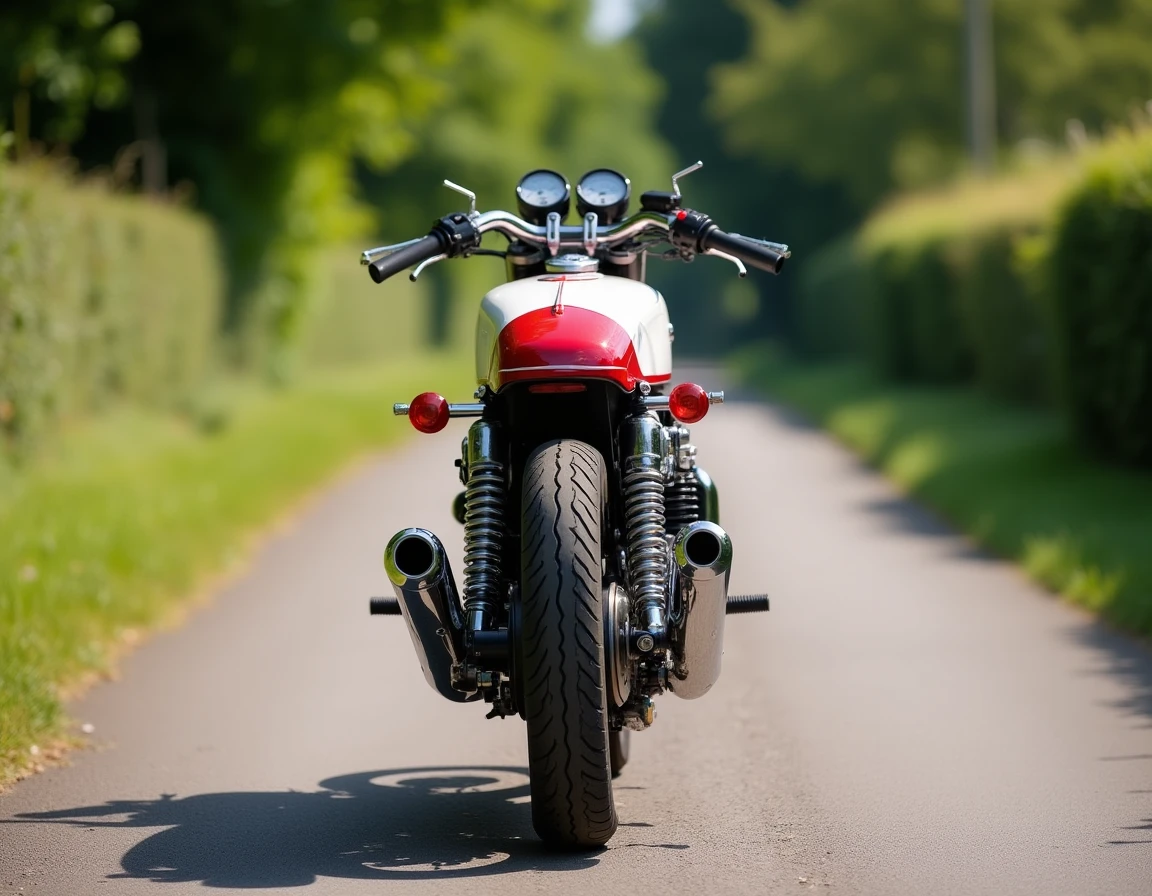 Yamaha RD350 entièrement restaurée sur une route de campagne, livrée d'origine rouge et blanc, pots d'échappement chromés brillants
